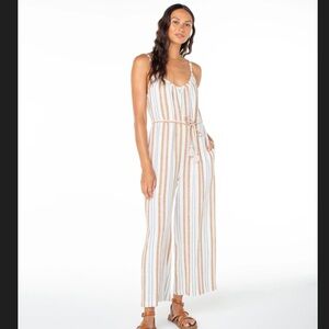 Roxy Gale Linen Blend Striped Jumpsuit M Belted Boho Beachy Resort Wear Vacation